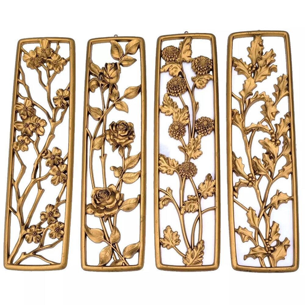 50s Four Seasons Gold Wall Plaques by Dart -Dogwood -Roses -Mums -Holly - Syroco